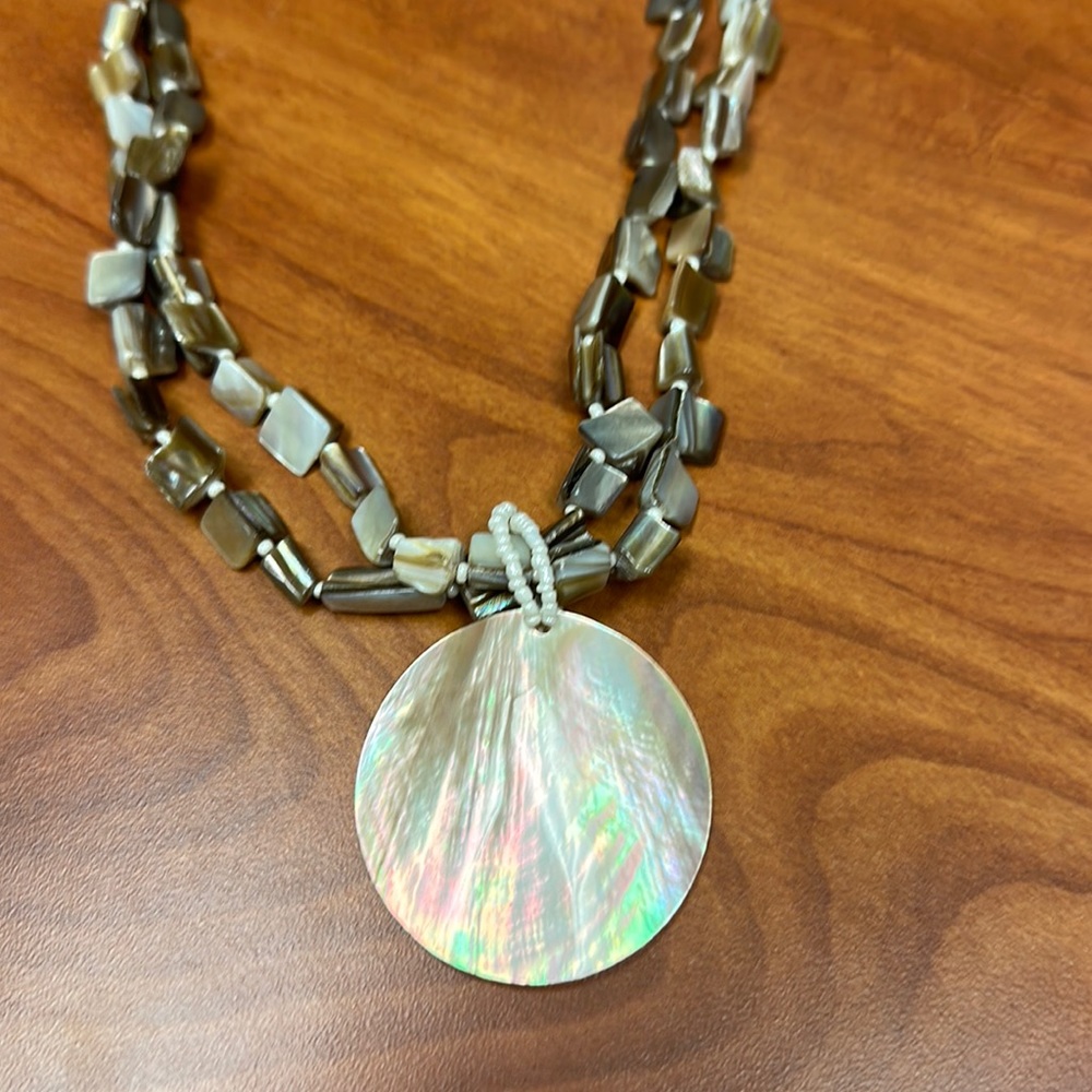 Organic Opalescent Shell And Beaded Pendant Necklace